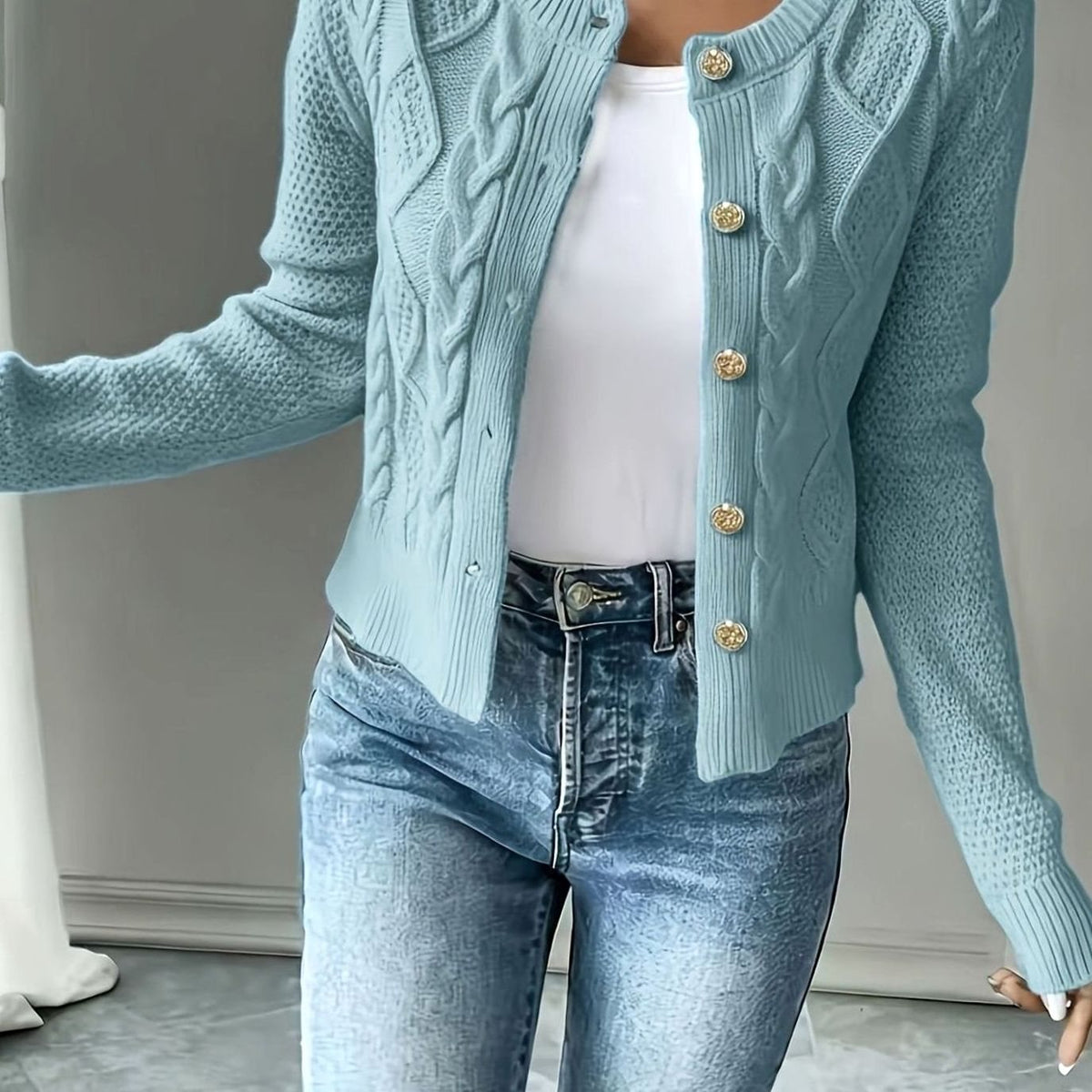 Women's Cropped Cable Knit Cardigan in Sky Blue