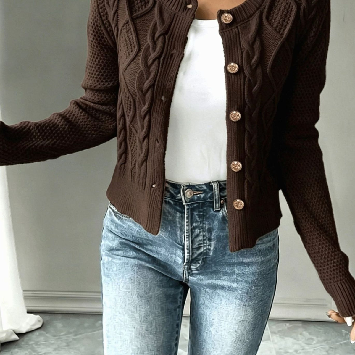 Women's Cropped Cable Knit Cardigan in Coffee Brown