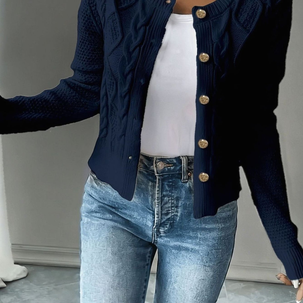 Women's Cropped Cable Knit Cardigan in Navy