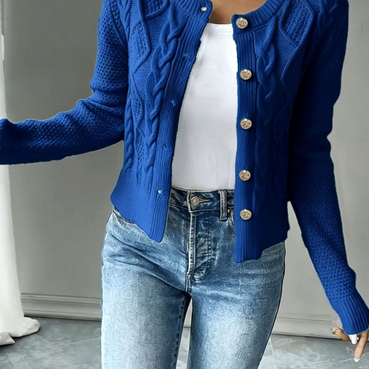 Women's Cropped Cable Knit Cardigan in Blue