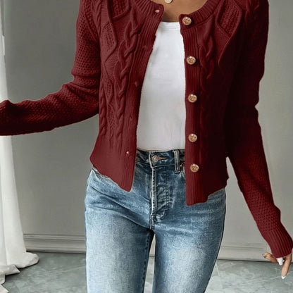 Women's Cropped Cable Knit Cardigan in Dark Red
