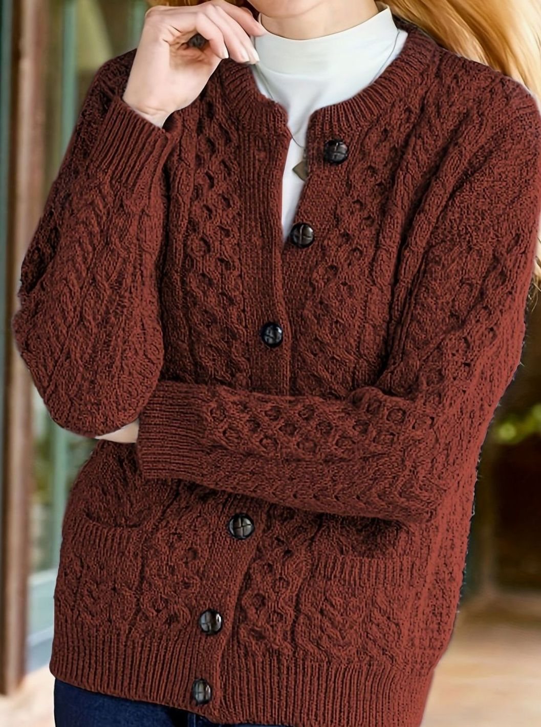 Women's Cable-Knit Cardigan – Buttoned with Pockets