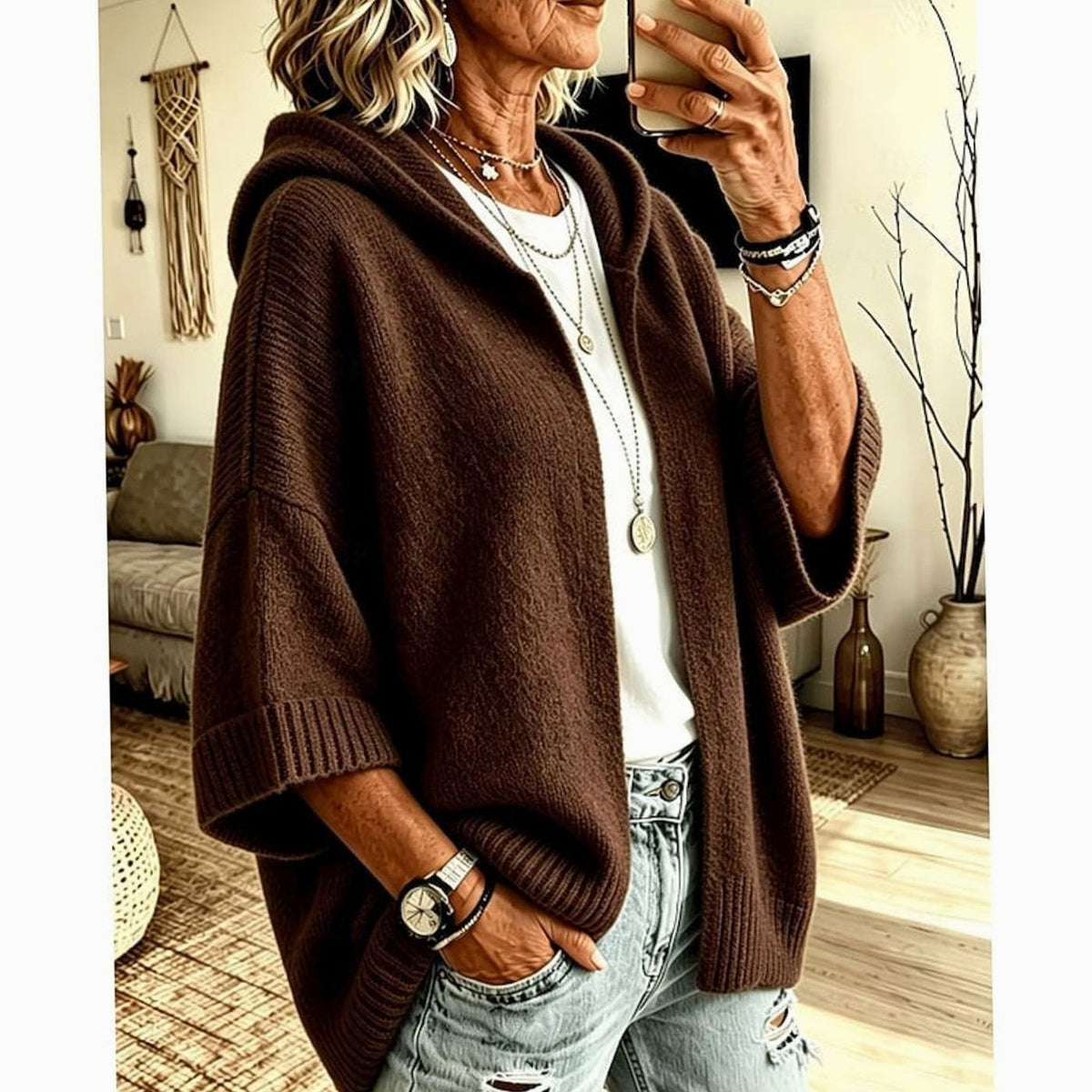 Women's Oversized Hooded Knit Cardigan in Coffee