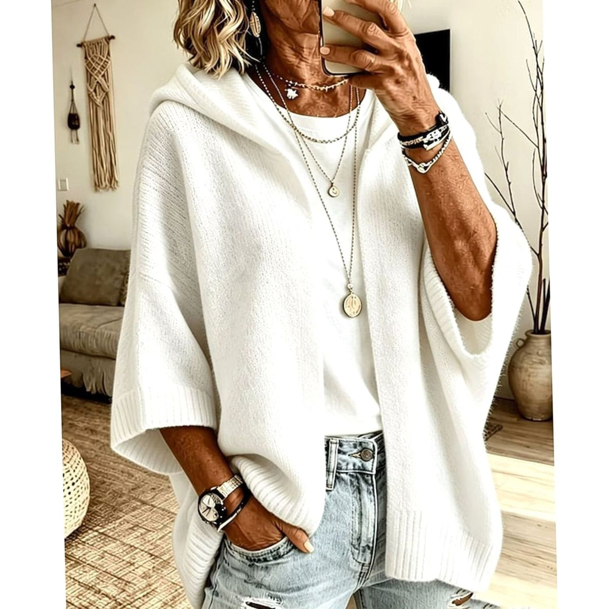 Women's Oversized Hooded Knit Cardigan in White
