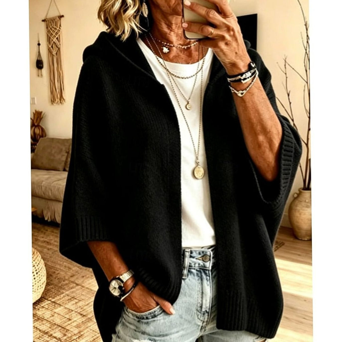 Women's Oversized Hooded Knit Cardigan in Black
