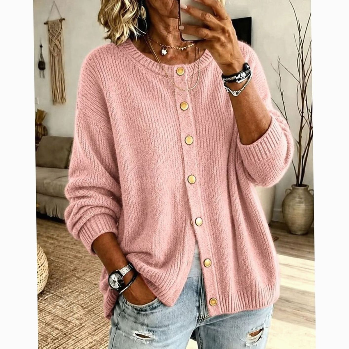 Women's Oversized Cardigan – Buttoned Round Neck