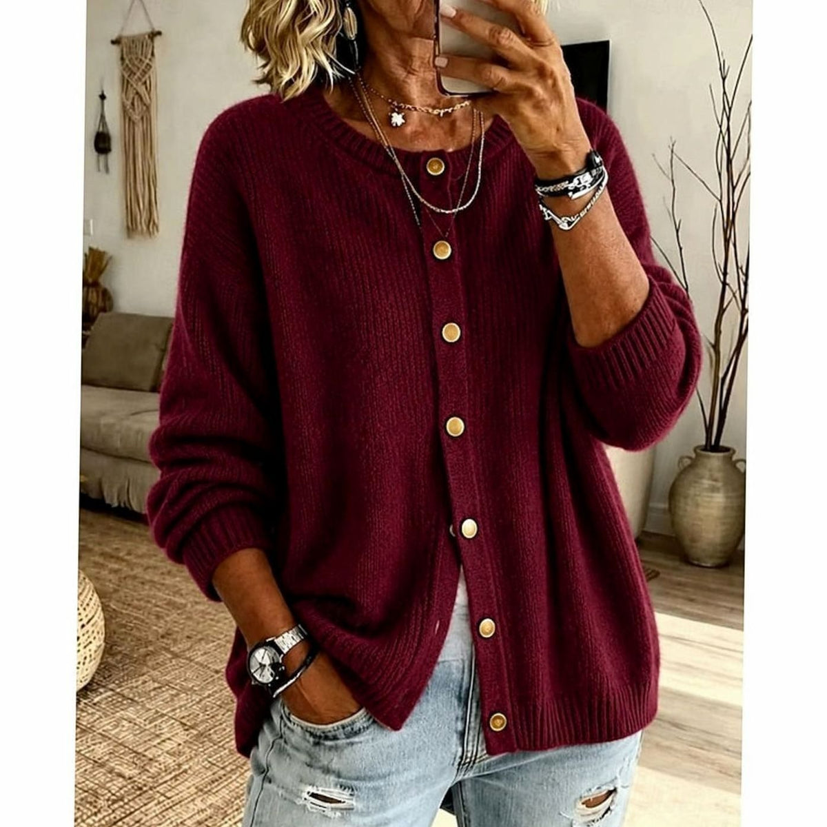 Women's Oversized Cardigan – Buttoned Round Neck