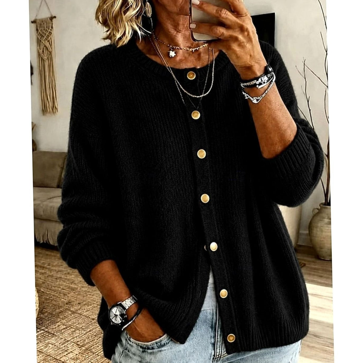 Women's Oversized Cardigan – Buttoned Round Neck