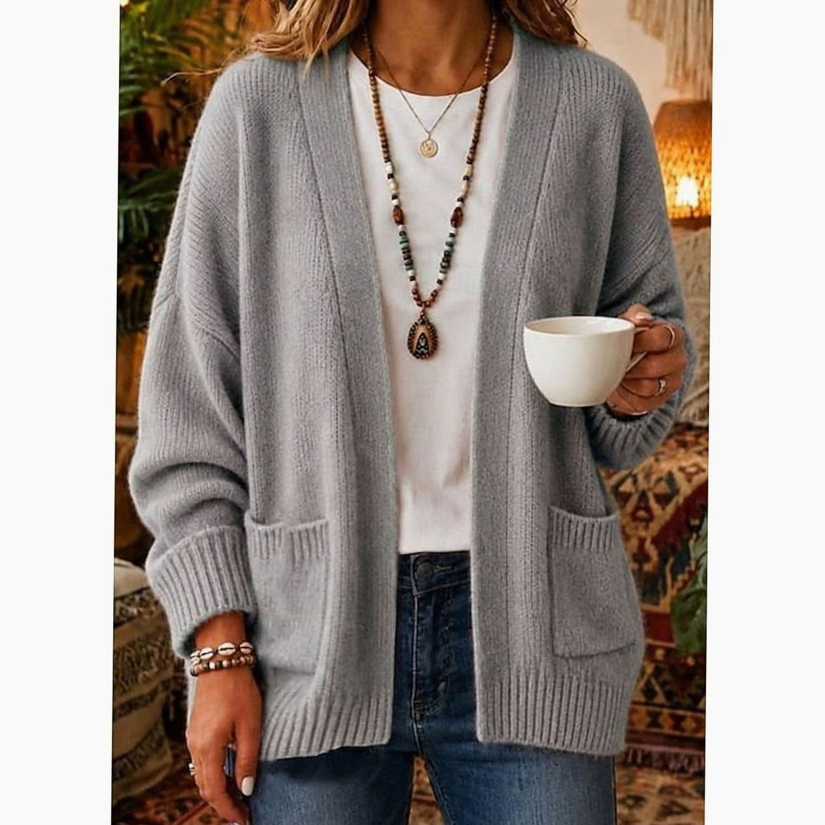 Women's Long Open Cardigan – Pockets Loose Fit Plus Sizes