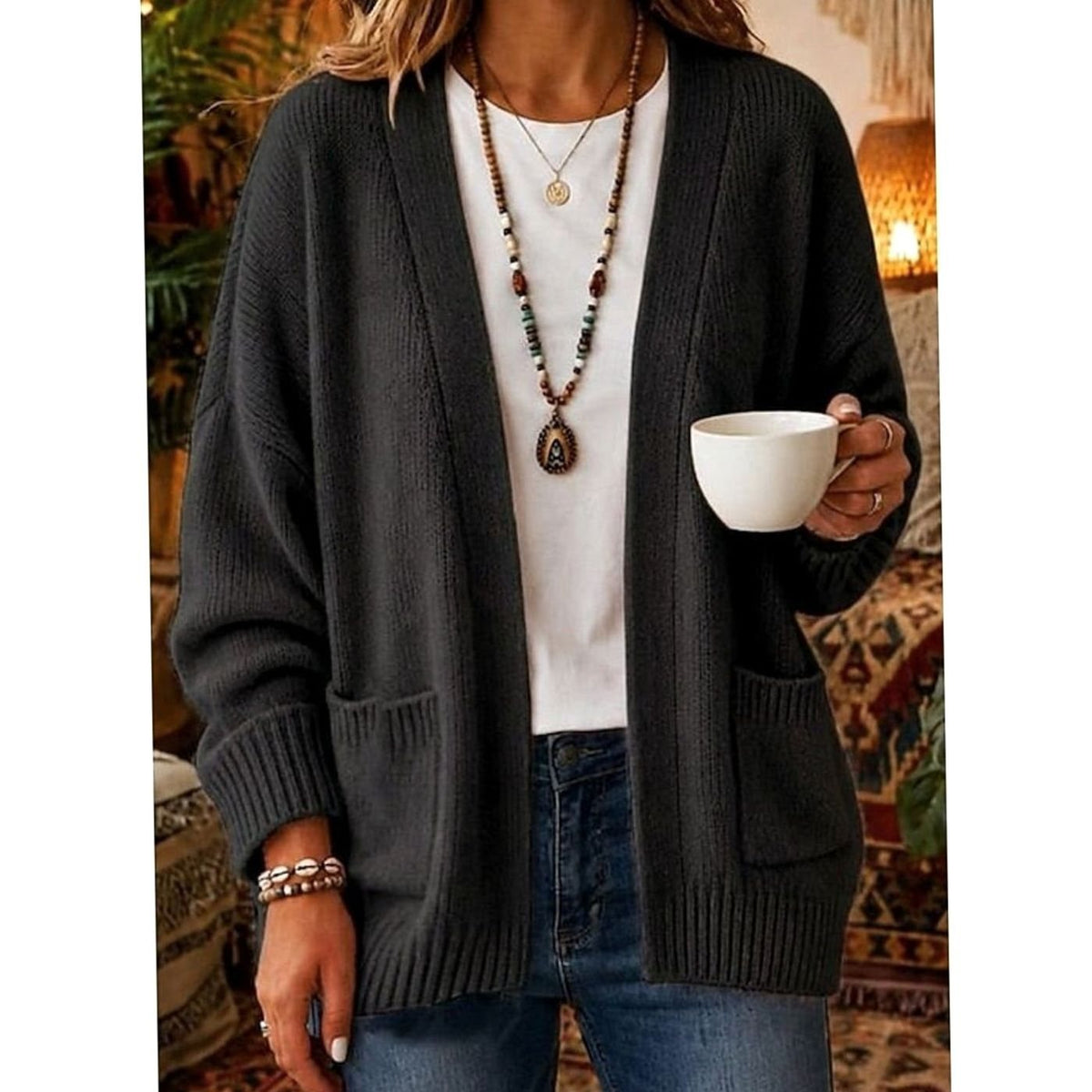 Women's Long Open Cardigan – Pockets Loose Fit Plus Sizes