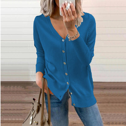 Women's Long Cardigan – Fine Knit V-Neck Buttoned