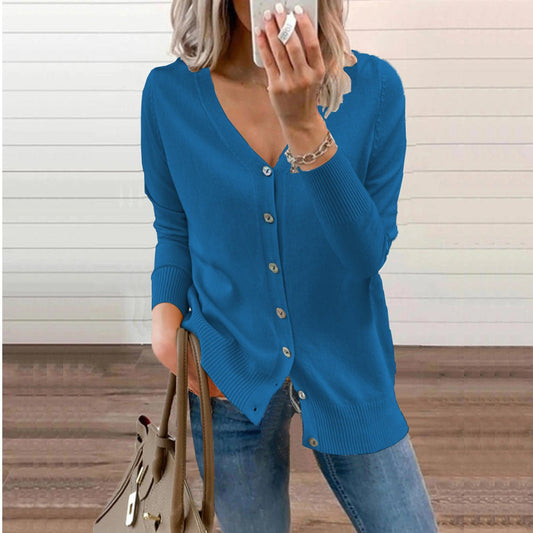 Women's Long Cardigan – Fine Knit V-Neck Buttoned
