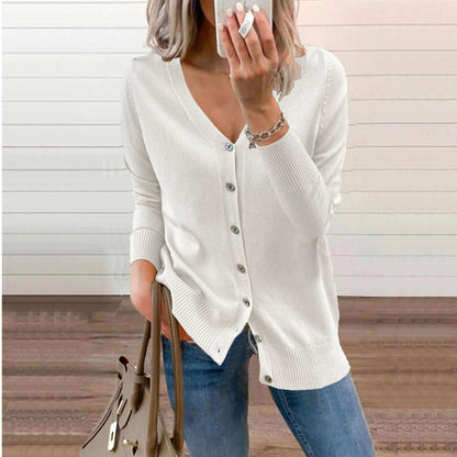 Women's Long Cardigan – Fine Knit V-Neck Buttoned