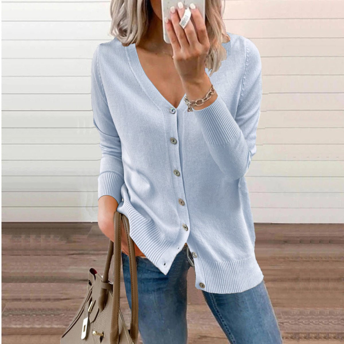 Women's Long Cardigan – Fine Knit V-Neck Buttoned