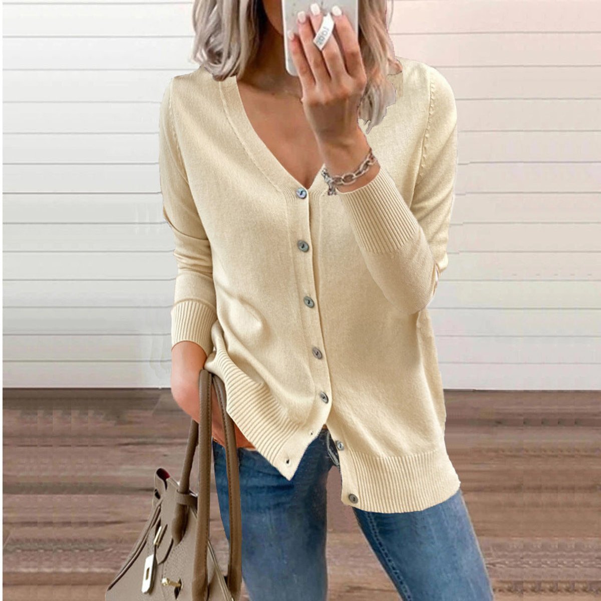 Women's Long Cardigan – Fine Knit V-Neck Buttoned