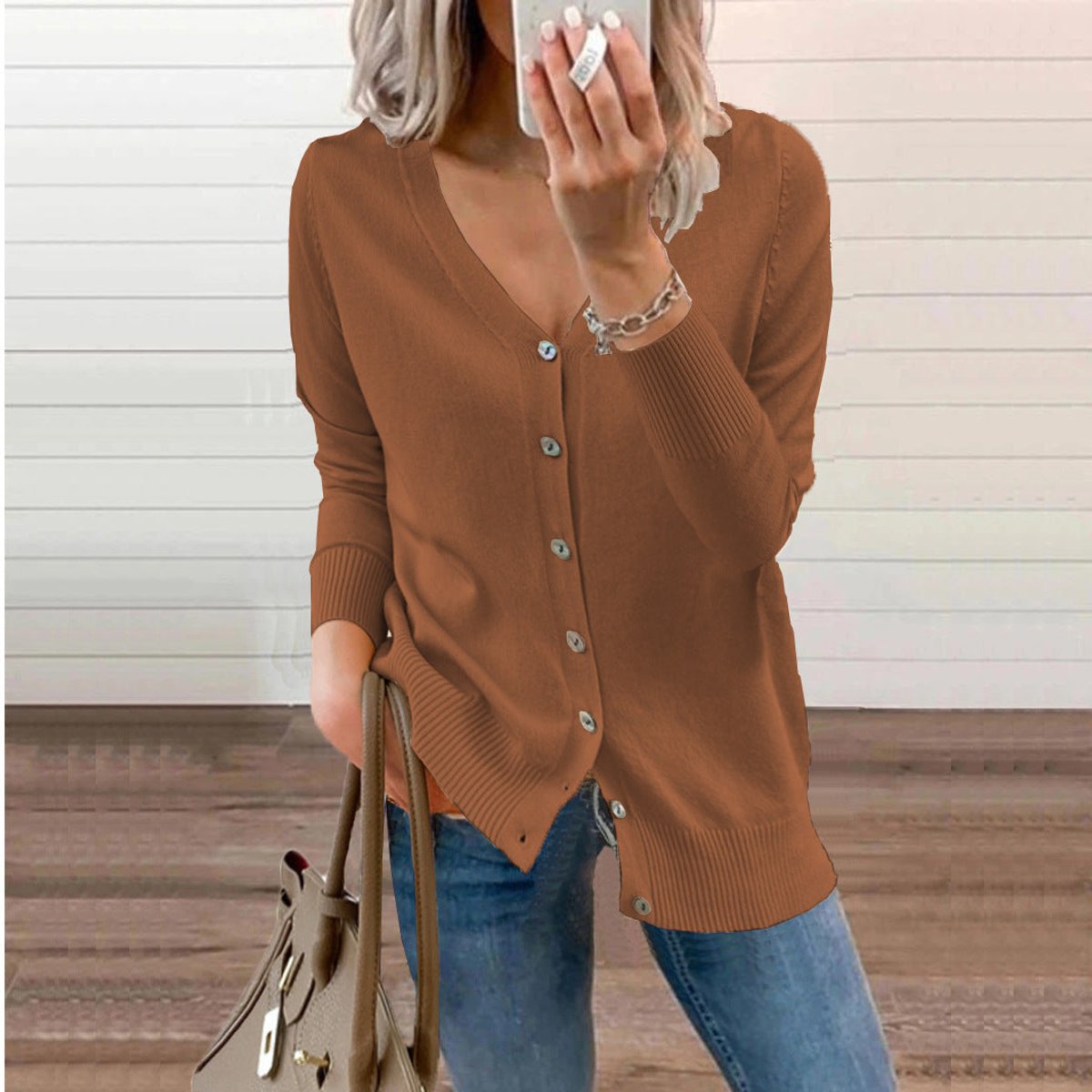 Women's Long Cardigan – Fine Knit V-Neck Buttoned