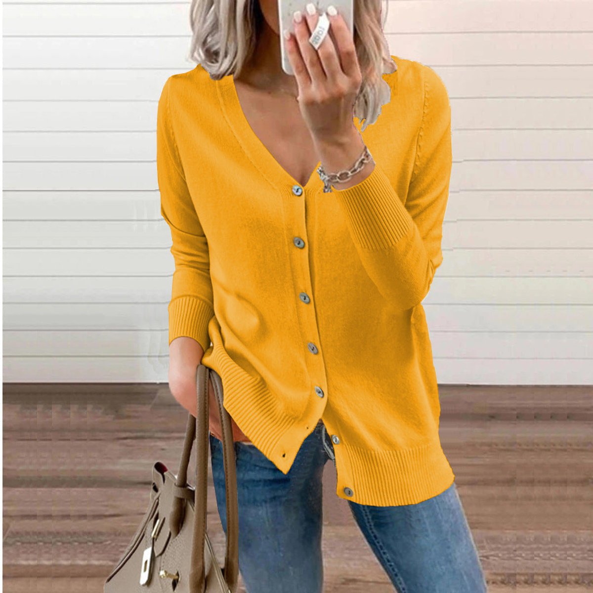 Women's Long Cardigan – Fine Knit V-Neck Buttoned