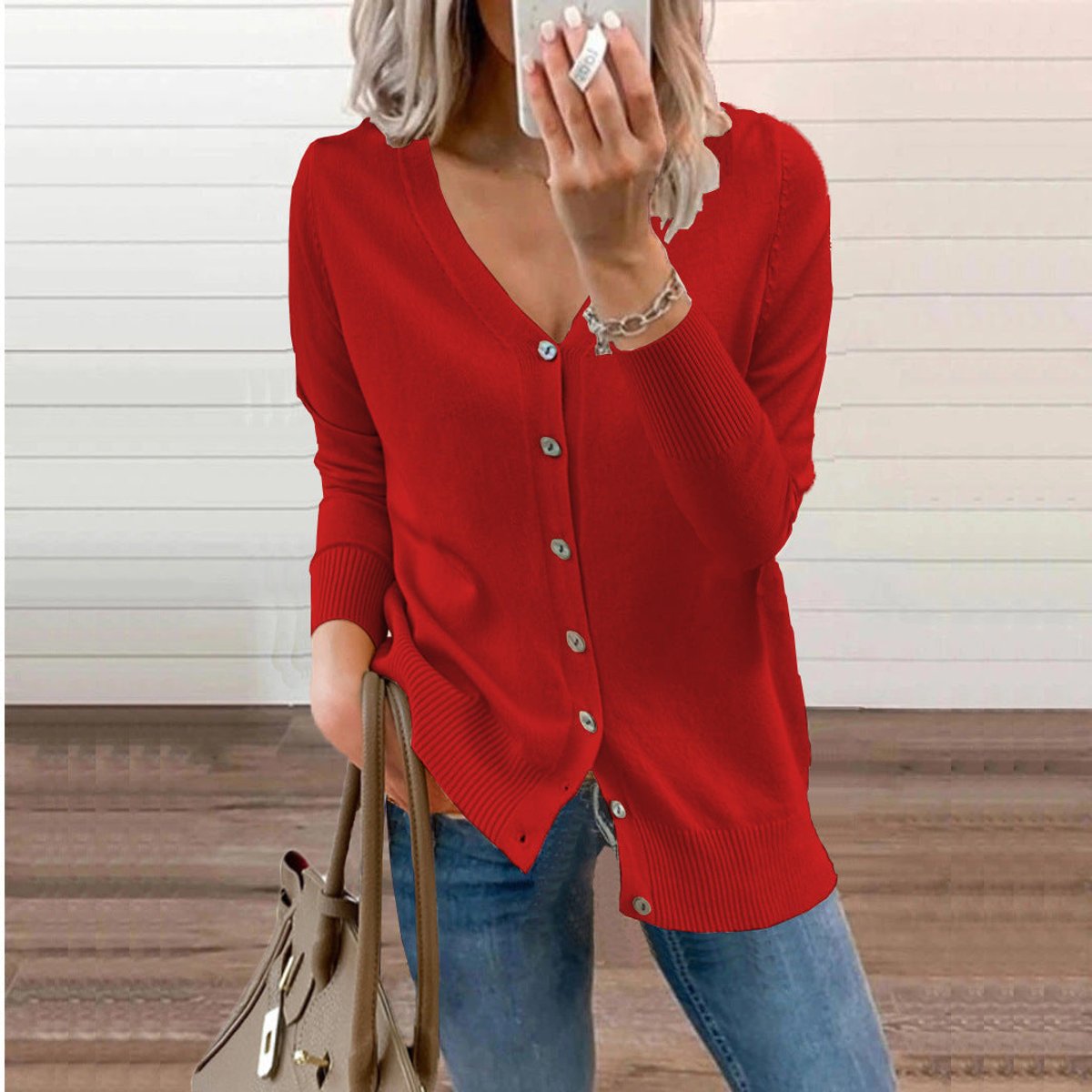 Women's Long Cardigan – Fine Knit V-Neck Buttoned