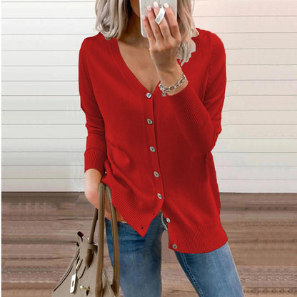 Women's Long Cardigan – Fine Knit V-Neck Buttoned
