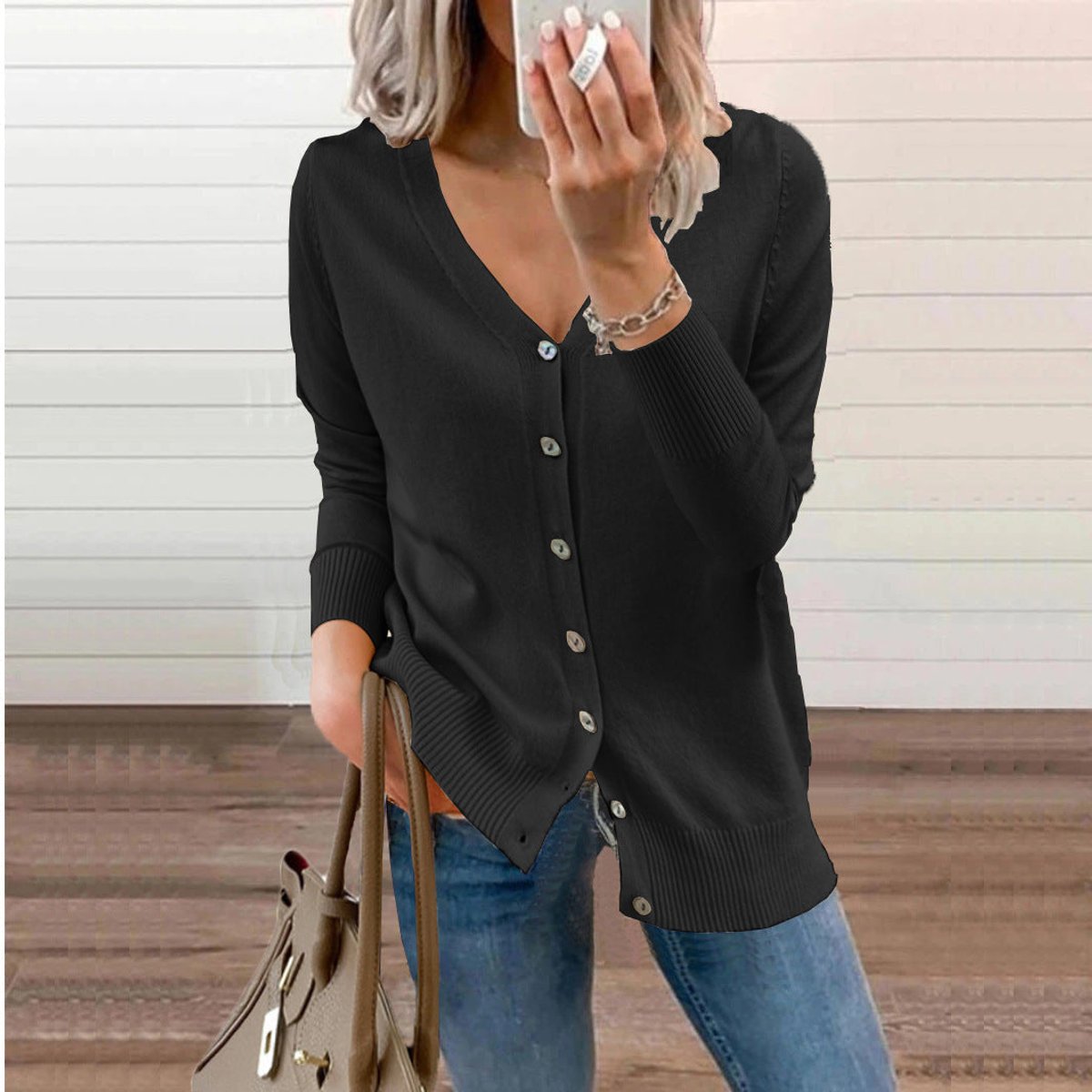 Women's Long Cardigan – Fine Knit V-Neck Buttoned