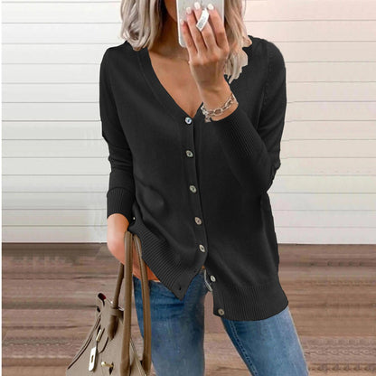 Women's Long Cardigan – Fine Knit V-Neck Buttoned