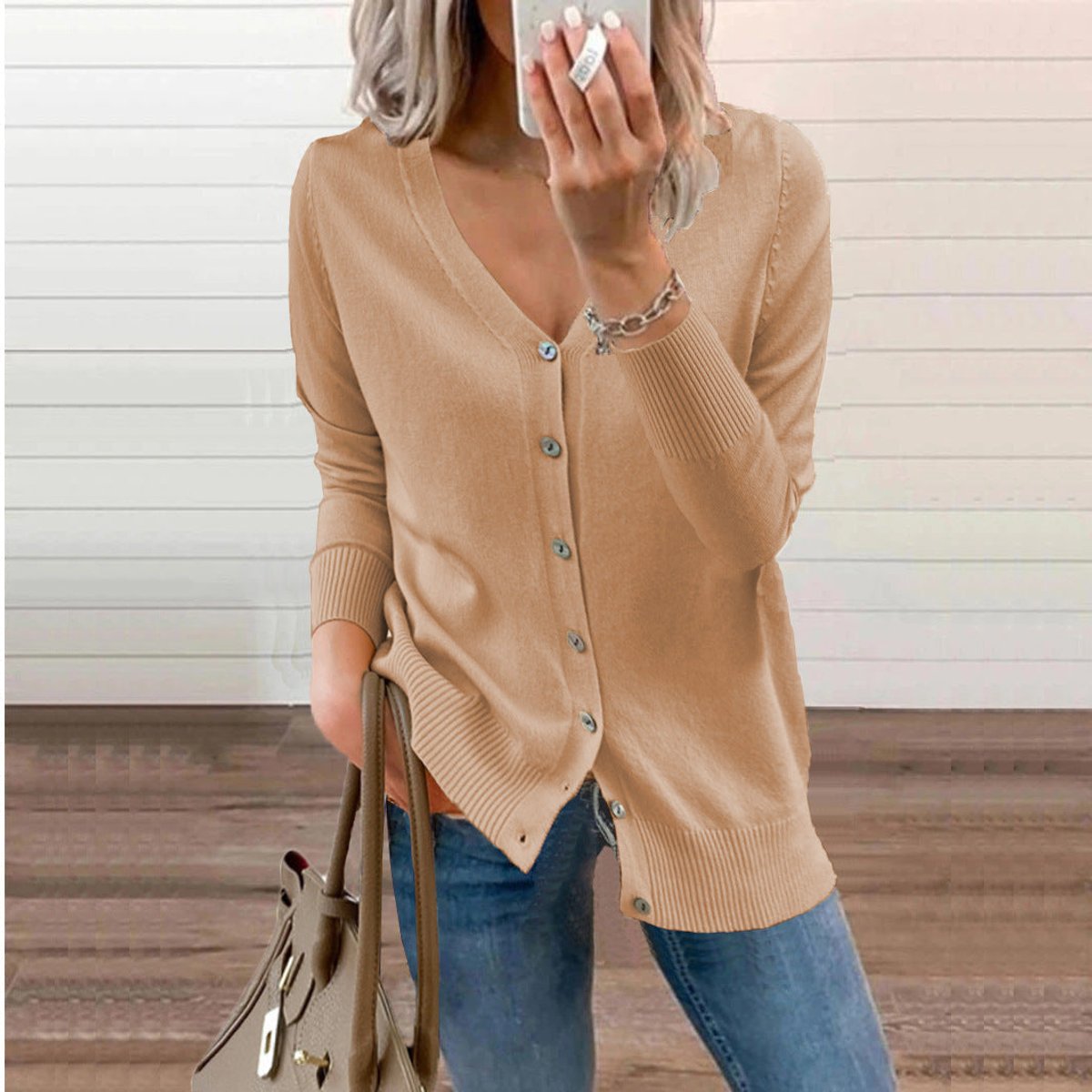 Women's Long Cardigan – Fine Knit V-Neck Buttoned